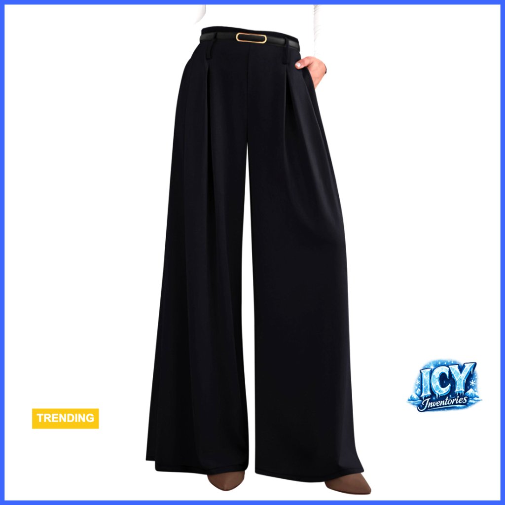 Wide Leg Polyester Palazzo Pants High Waisted Elastic Work Trousers